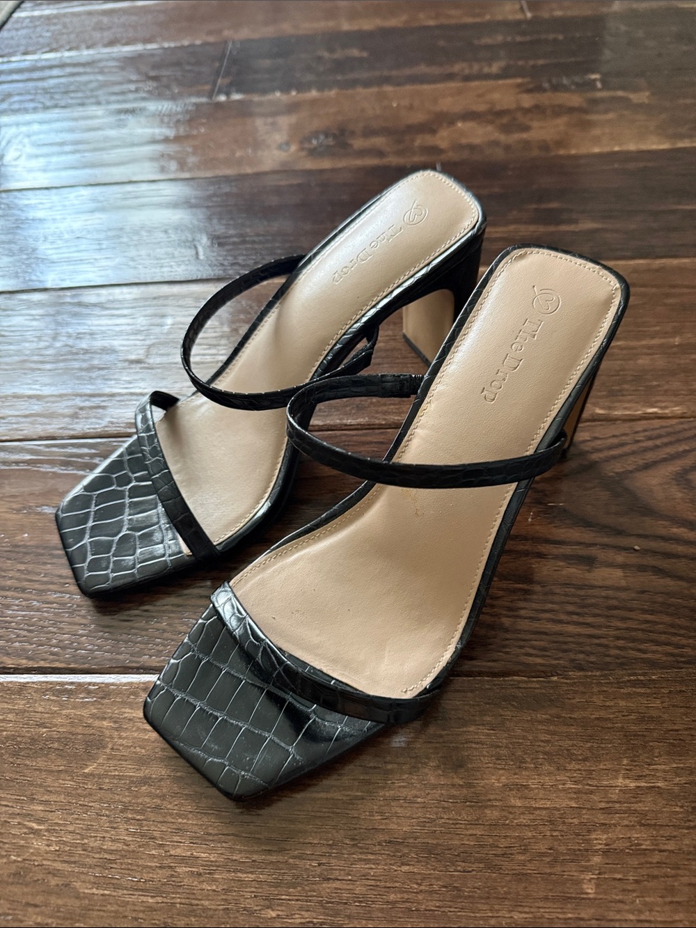Black Croc-Embossed Square-Toe Strappy Heeled Sandals